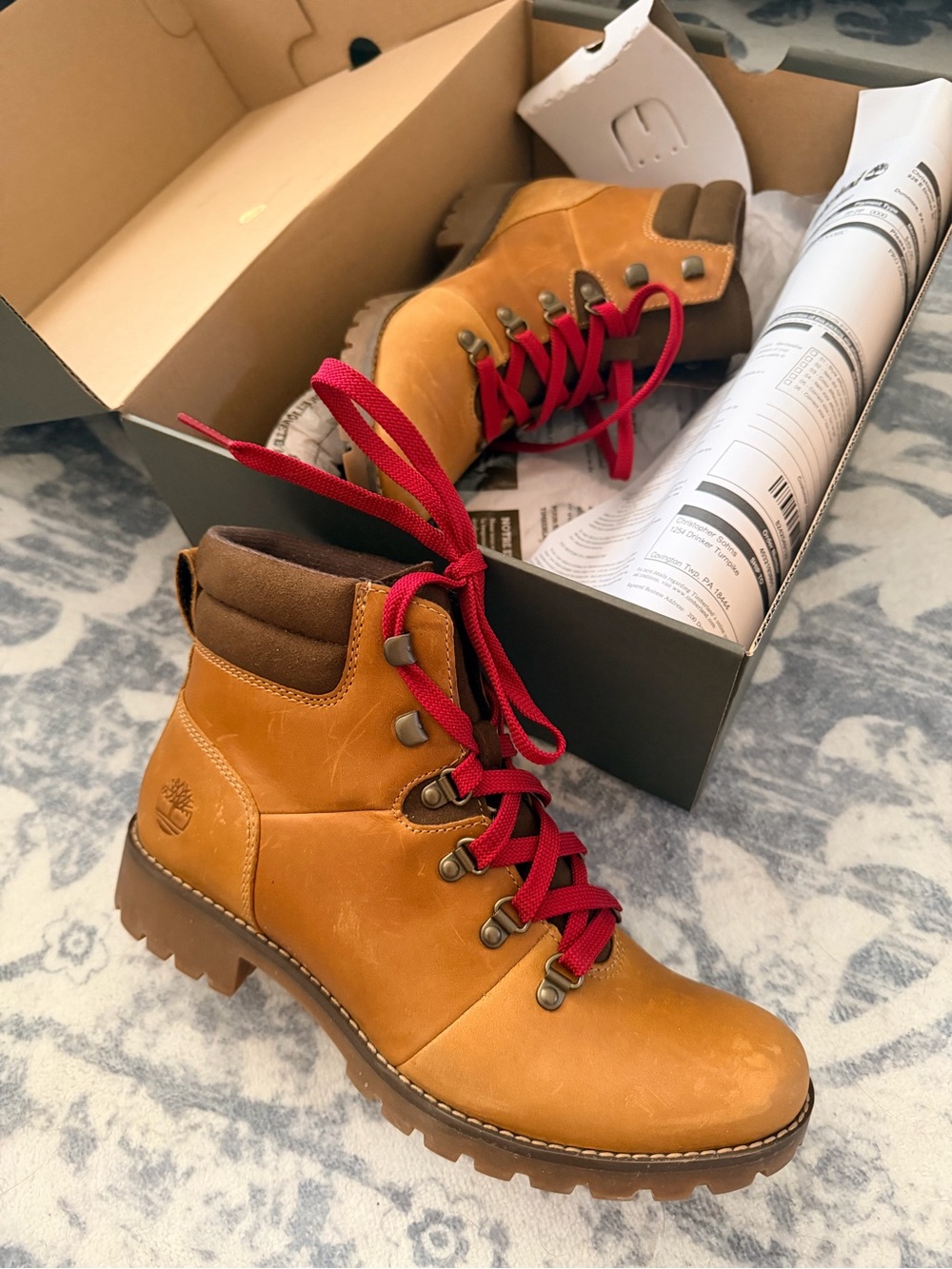 Timberland Tan Leather Lace-Up Boots with Red Laces